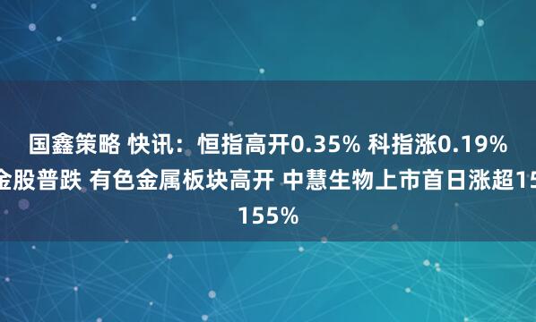 国鑫策略 快讯：恒指高开0.35% 科指涨0.19% 黄金股普跌 有色金属板块高开 中慧生物上市首日涨超155%